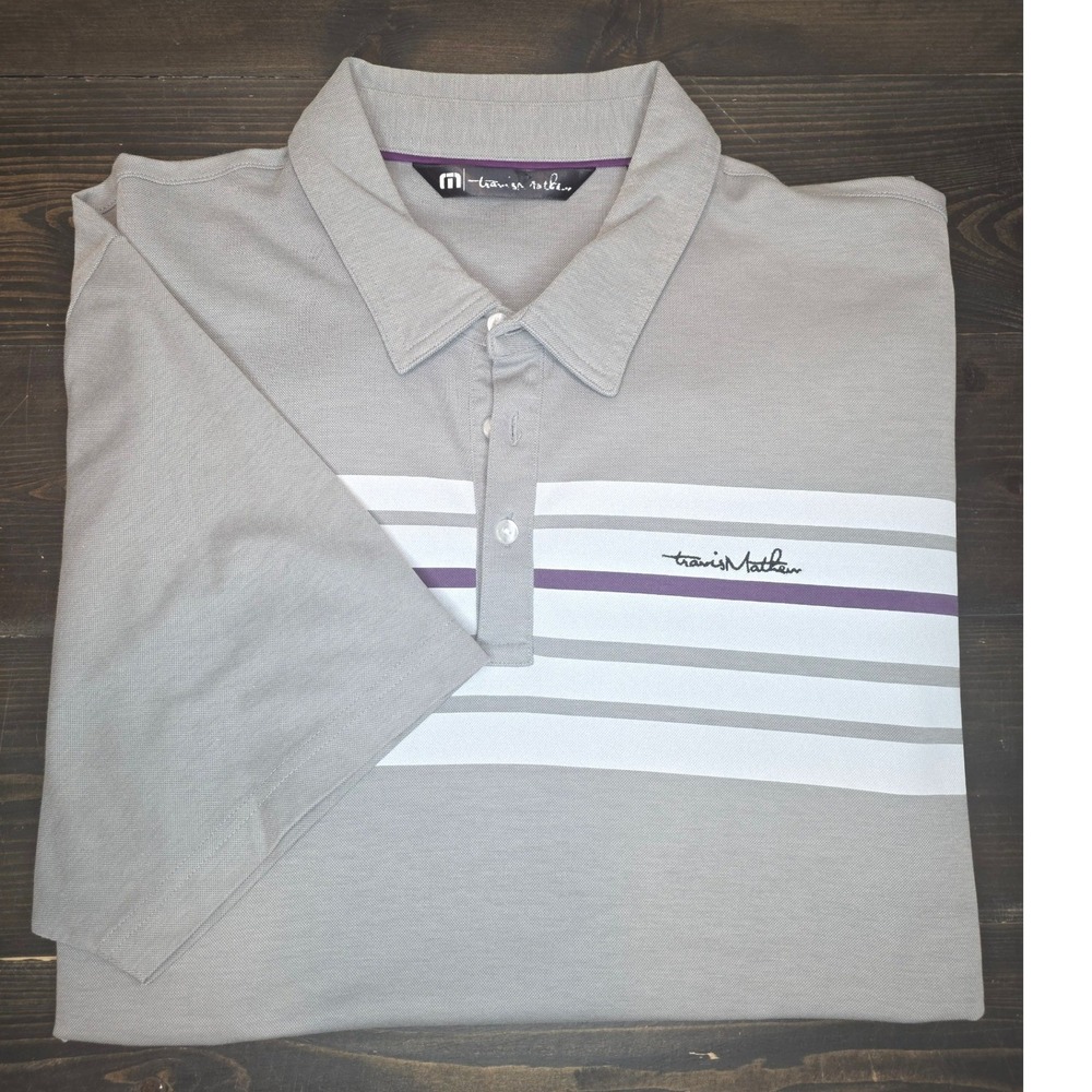 Travis Mathew Polo Gray white and purple XXL Logo on Sleeve Dallas Athletic Club - Picture 1 of 9